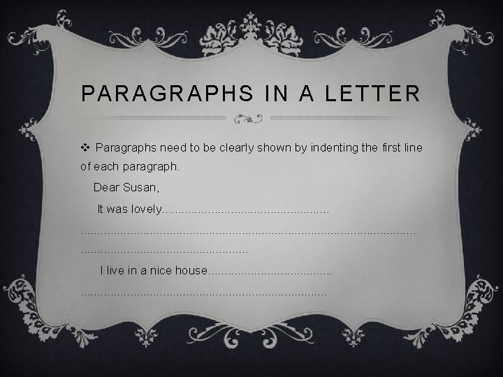 PARAGRAPHS IN A LETTER v Paragraphs need to be clearly shown by indenting the