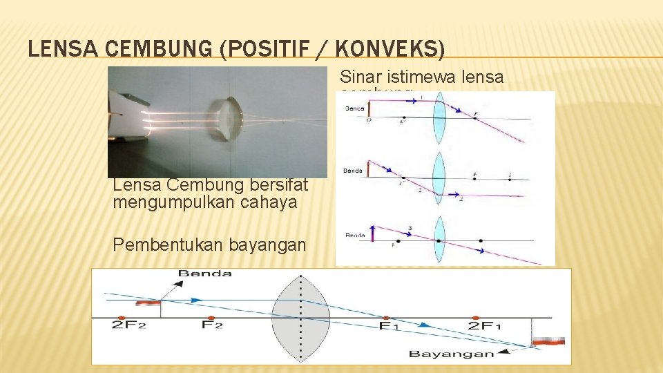 LENSA CEMBUNG (POSITIF / KONVEKS) Sinar istimewa lensa cembung Lensa Cembung bersifat mengumpulkan cahaya