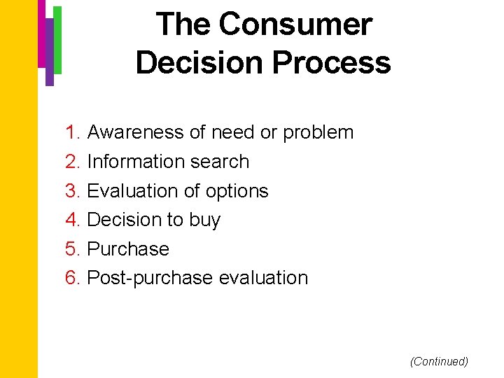 The Consumer Decision Process 1. Awareness of need or problem 2. Information search 3.