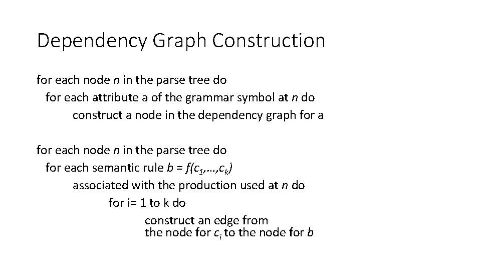 Dependency Graph Construction for each node n in the parse tree do for each