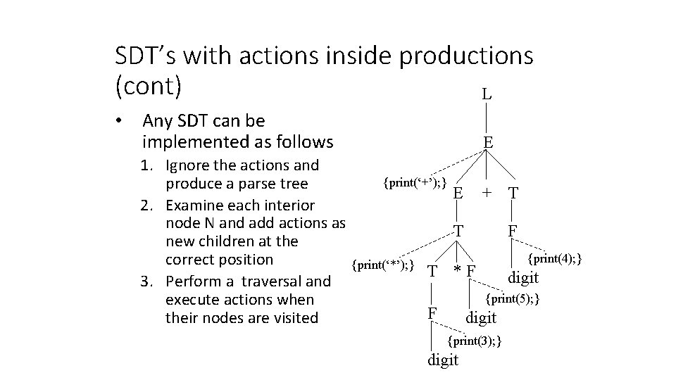 SDT’s with actions inside productions (cont) L • Any SDT can be implemented as