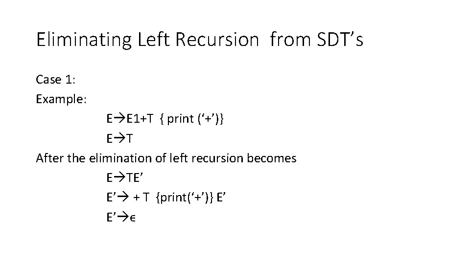 Eliminating Left Recursion from SDT’s Case 1: Example: E E 1+T { print (‘+’)}