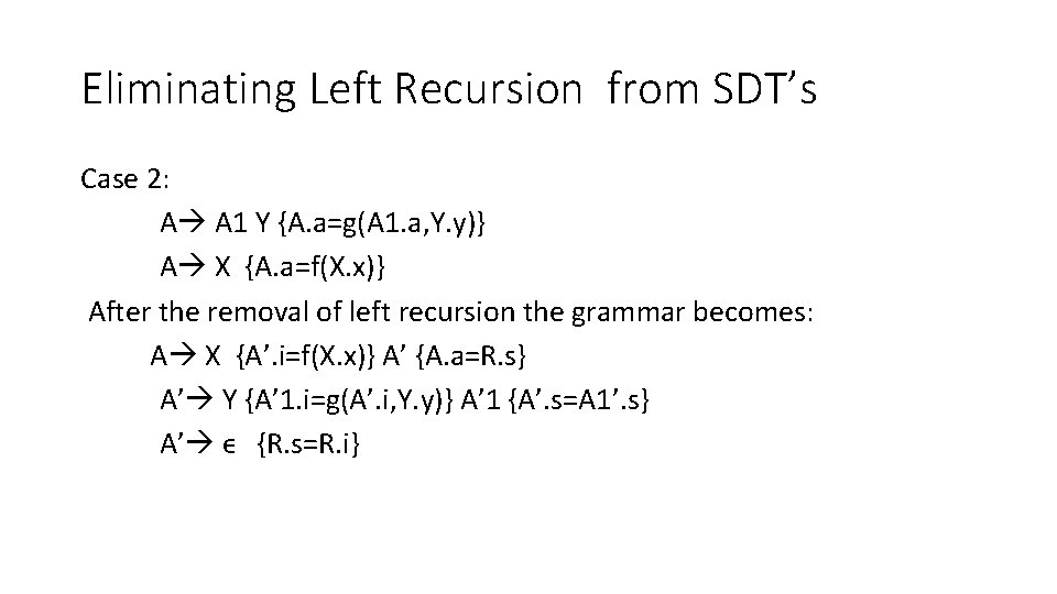 Eliminating Left Recursion from SDT’s Case 2: A A 1 Y {A. a=g(A 1.