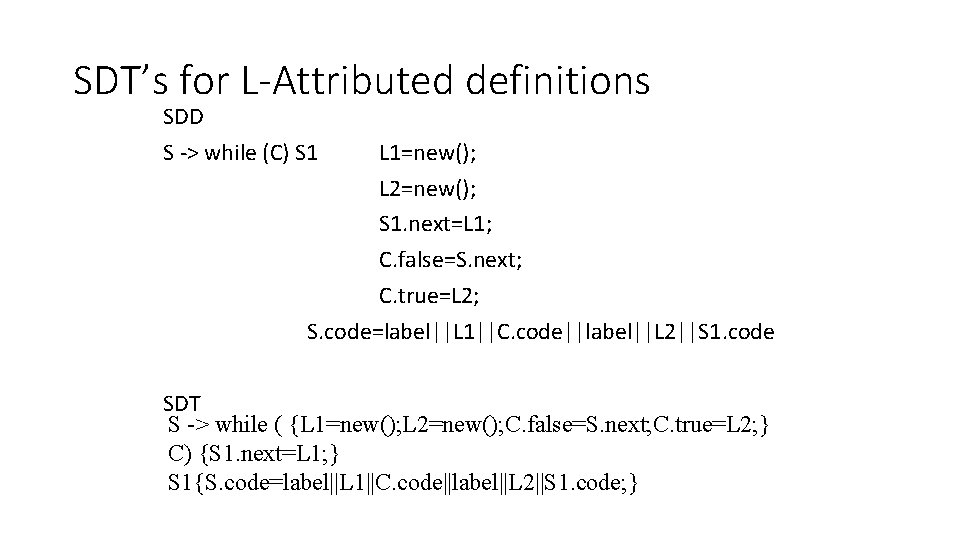 SDT’s for L-Attributed definitions SDD S -> while (C) S 1 L 1=new(); L