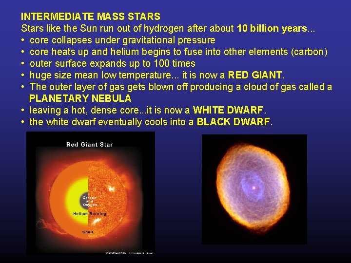 INTERMEDIATE MASS STARS Stars like the Sun run out of hydrogen after about 10