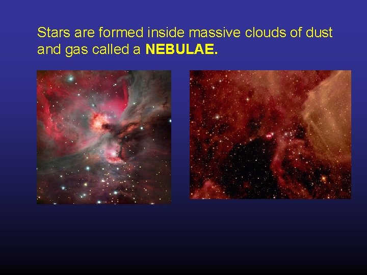 Stars are formed inside massive clouds of dust and gas called a NEBULAE. 