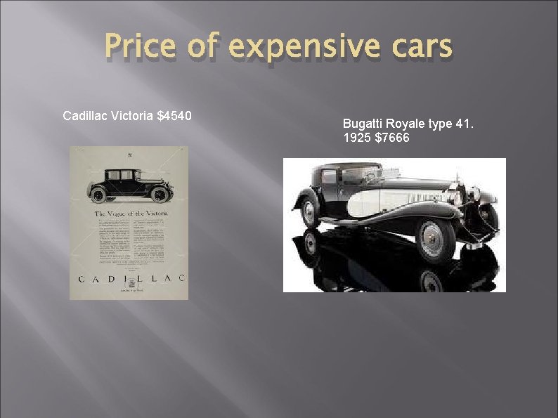 Price of expensive cars Cadillac Victoria $4540 Bugatti Royale type 41. 1925 $7666 
