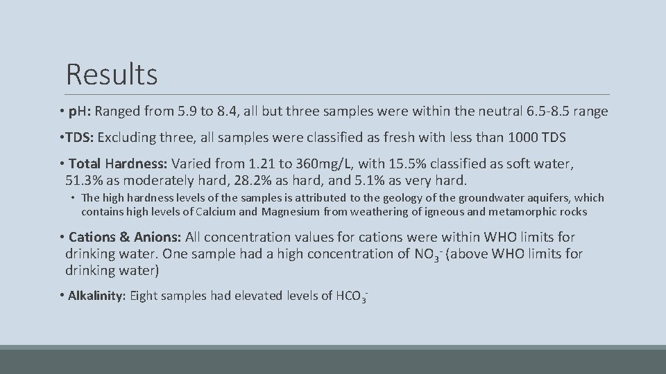 Results • p. H: Ranged from 5. 9 to 8. 4, all but three
