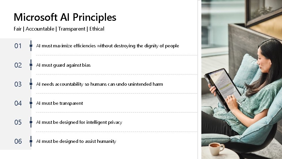 Microsoft AI Principles Fair | Accountable | Transparent | Ethical 01 AI must maximize