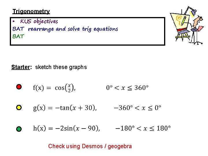 Trigonometry • KUS objectives BAT rearrange and solve trig equations BAT Starter: sketch these