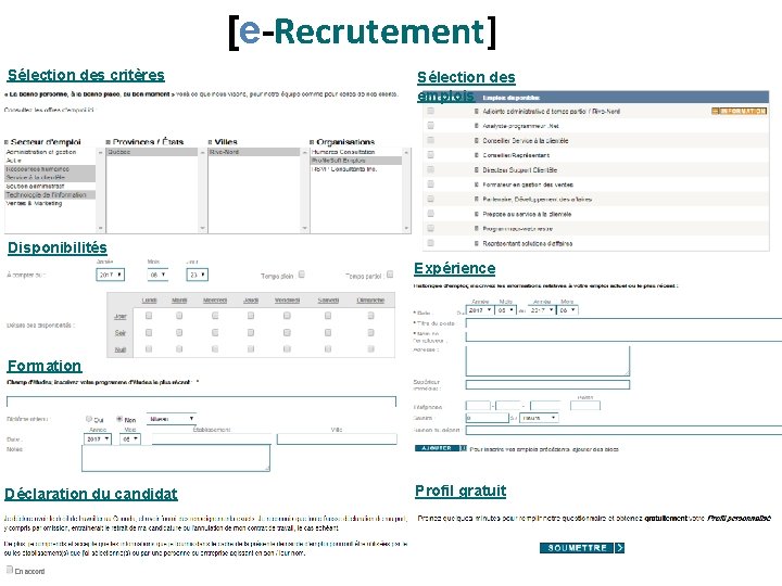 [e-Recrutement] Sélection des critères Sélection des emplois Disponibilités Expérience Formation Déclaration du candidat Profil