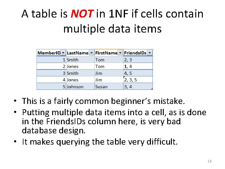 A table is NOT in 1 NF if cells contain multiple data items •