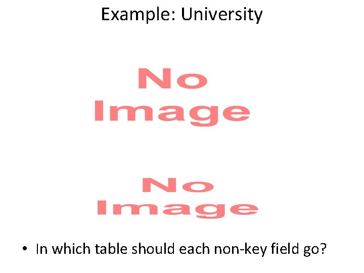 Example: University • In which table should each non-key field go? 