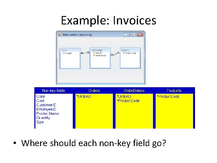 Example: Invoices • Where should each non-key field go? 