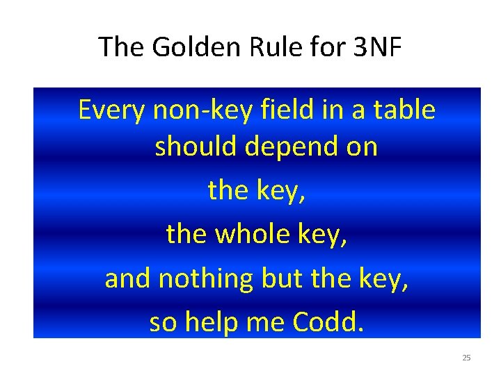 The Golden Rule for 3 NF Every non-key field in a table should depend