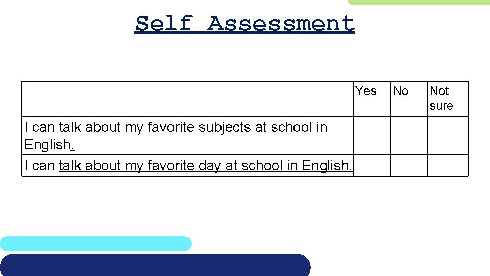 Self Assessment Yes I can talk about my favorite subjects at school in English.
