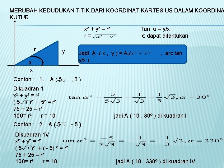 MERUBAH KEDUDUKAN TITIK DARI KOORDINAT KARTESIUS DALAM KOORDINA KUTUB x² + y² = r²