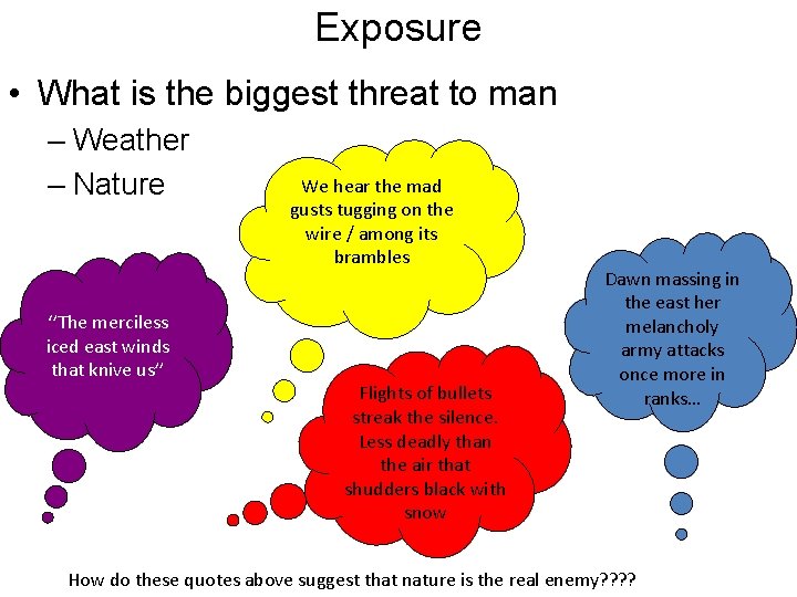 Exposure • What is the biggest threat to man – Weather – Nature ‘’The
