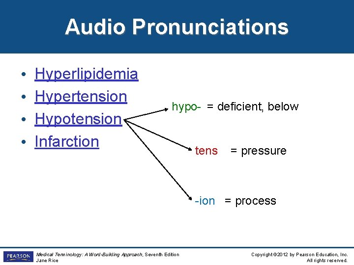 Audio Pronunciations • • Hyperlipidemia Hypertension Hypotension Infarction hypo- = deficient, below tens =