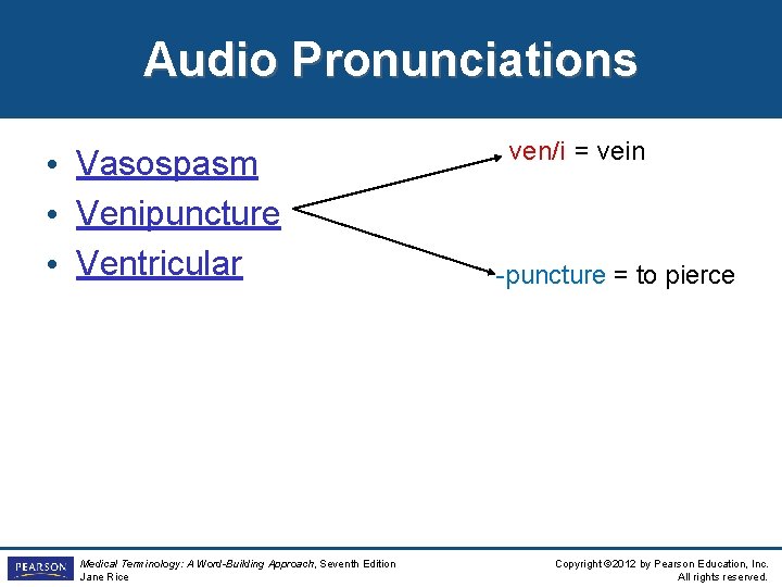 Audio Pronunciations • Vasospasm • Venipuncture • Ventricular Medical Terminology: A Word-Building Approach, Seventh