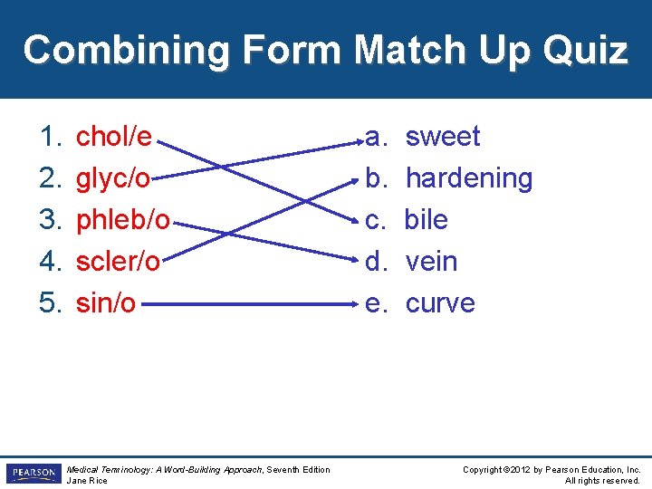 Combining Form Match Up Quiz 1. 2. 3. 4. 5. chol/e glyc/o phleb/o scler/o