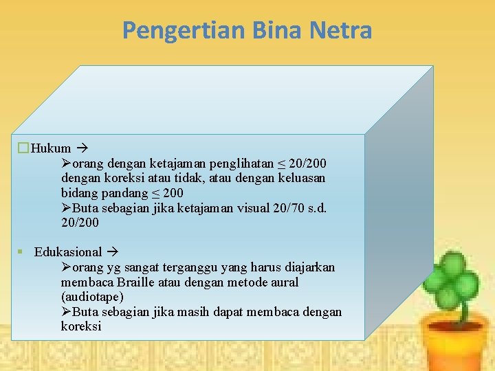 Pengertian Bina Netra �Hukum Øorang dengan ketajaman penglihatan ≤ 20/200 dengan koreksi atau tidak,