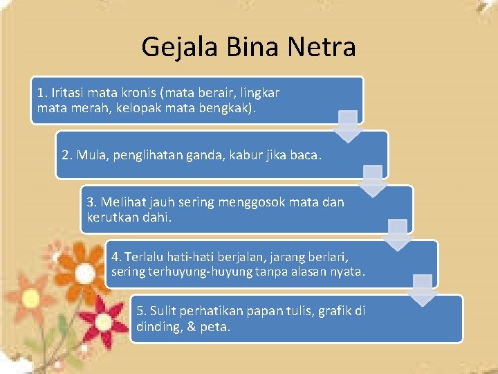 Gejala Bina Netra 1. Iritasi mata kronis (mata berair, lingkar mata merah, kelopak mata