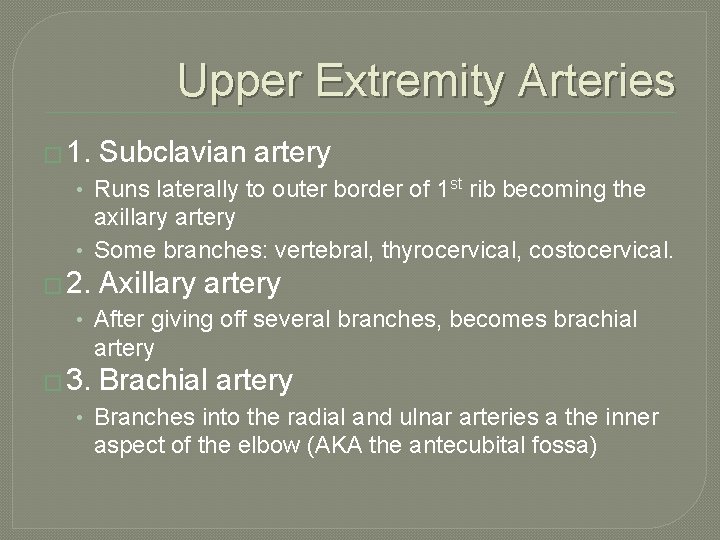 Upper Extremity Arteries � 1. Subclavian artery • Runs laterally to outer border of