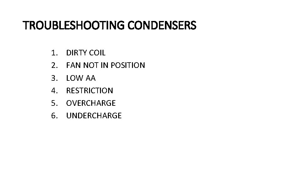 TROUBLESHOOTING CONDENSERS 1. 2. 3. 4. 5. 6. DIRTY COIL FAN NOT IN POSITION TROUBLESHOOTING CONDENSERS 1. 2. 3. 4. 5. 6. DIRTY COIL FAN NOT IN POSITION