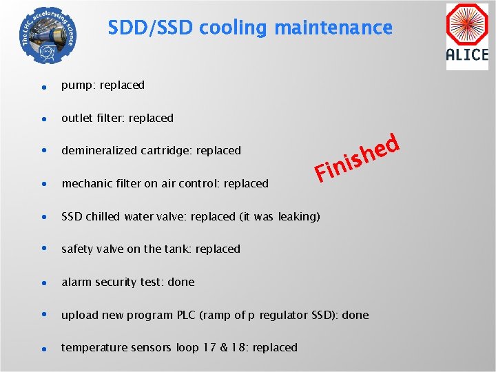 SDD/SSD cooling maintenance pump: replaced outlet filter: replaced demineralized cartridge: replaced mechanic filter on