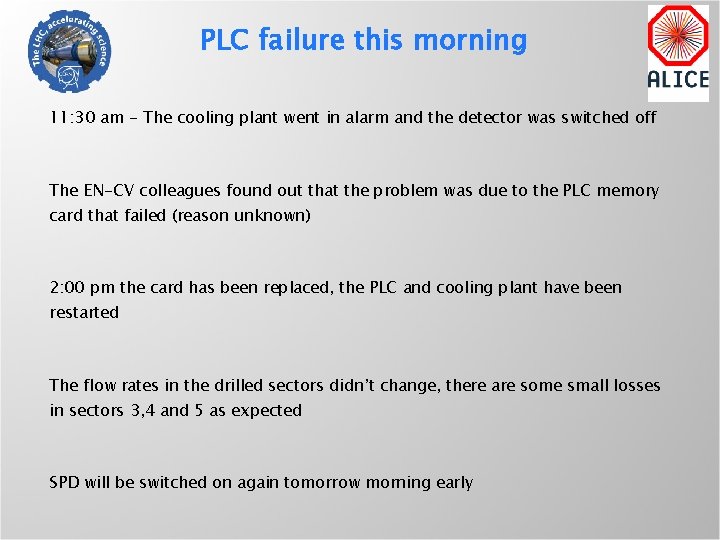 PLC failure this morning 11: 30 am - The cooling plant went in alarm