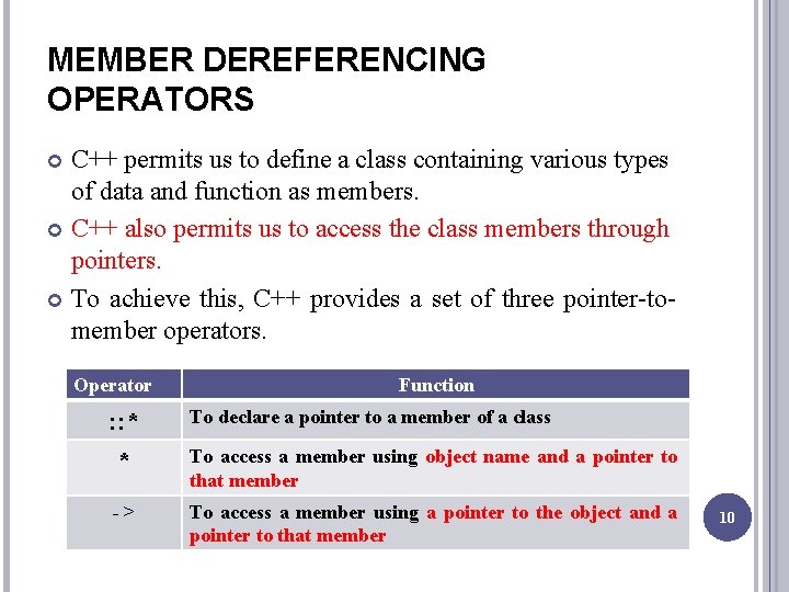MEMBER DEREFERENCING OPERATORS C++ permits us to define a class containing various types of