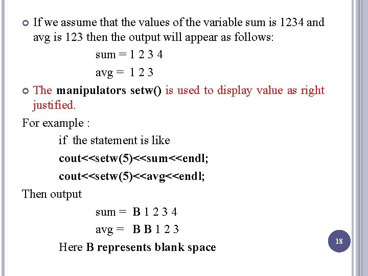 If we assume that the values of the variable sum is 1234 and avg