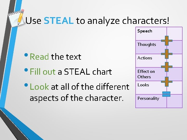 Use STEAL to analyze characters! Speech Thoughts • Read the text • Fill out