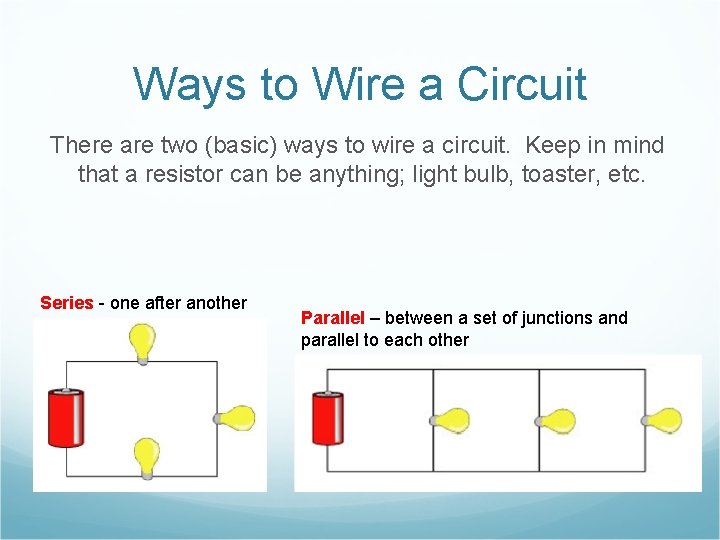 Ways to Wire a Circuit There are two (basic) ways to wire a circuit. Ways to Wire a Circuit There are two (basic) ways to wire a circuit.