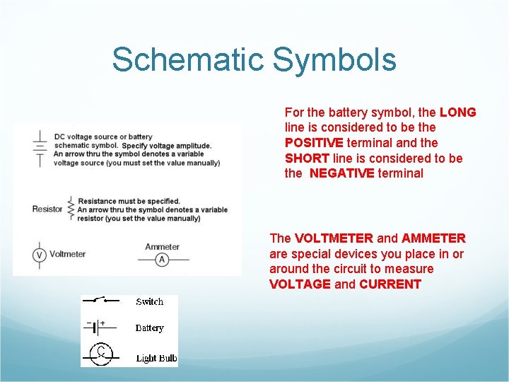 Schematic Symbols For the battery symbol, the LONG line is considered to be the Schematic Symbols For the battery symbol, the LONG line is considered to be the