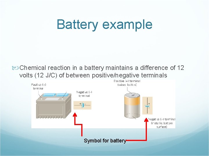 Battery example Chemical reaction in a battery maintains a difference of 12 volts (12 Battery example Chemical reaction in a battery maintains a difference of 12 volts (12
