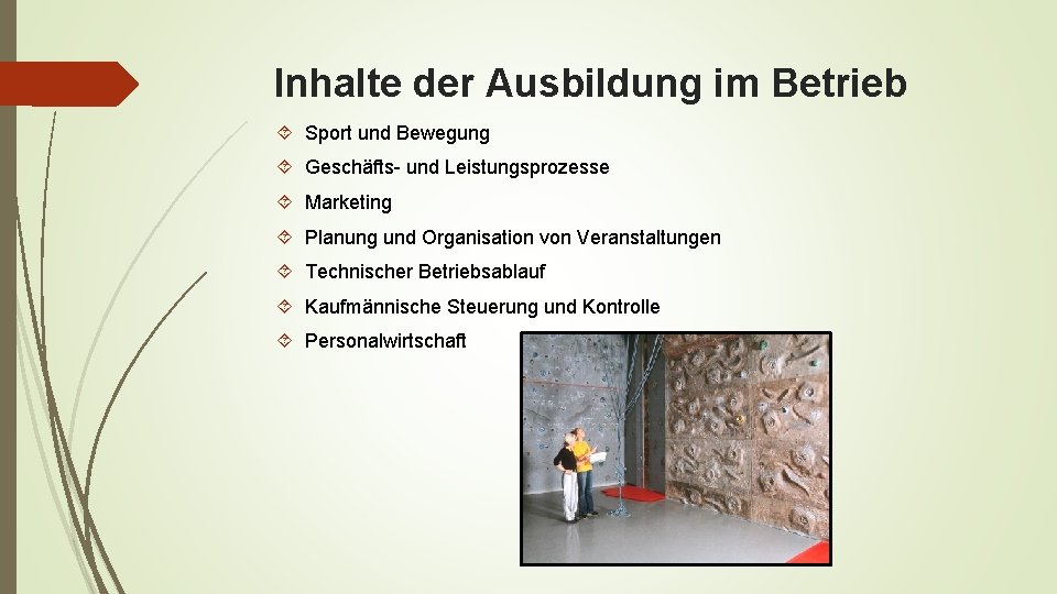 Inhalte der Ausbildung im Betrieb Sport und Bewegung Geschäfts- und Leistungsprozesse Marketing Planung und