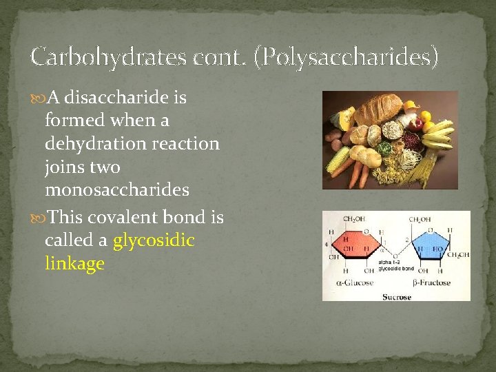 Carbohydrates cont. (Polysaccharides) A disaccharide is formed when a dehydration reaction joins two monosaccharides