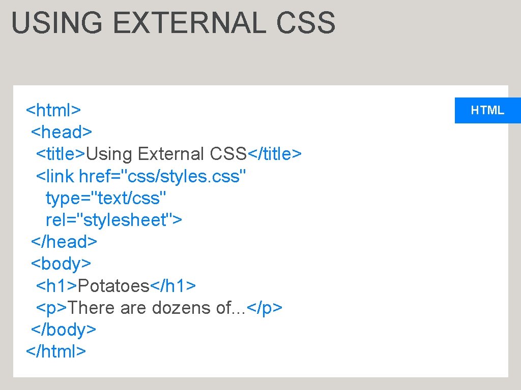USING EXTERNAL CSS <html> <head> <title>Using External CSS</title> <link href="css/styles. css" type="text/css" rel="stylesheet"> </head>