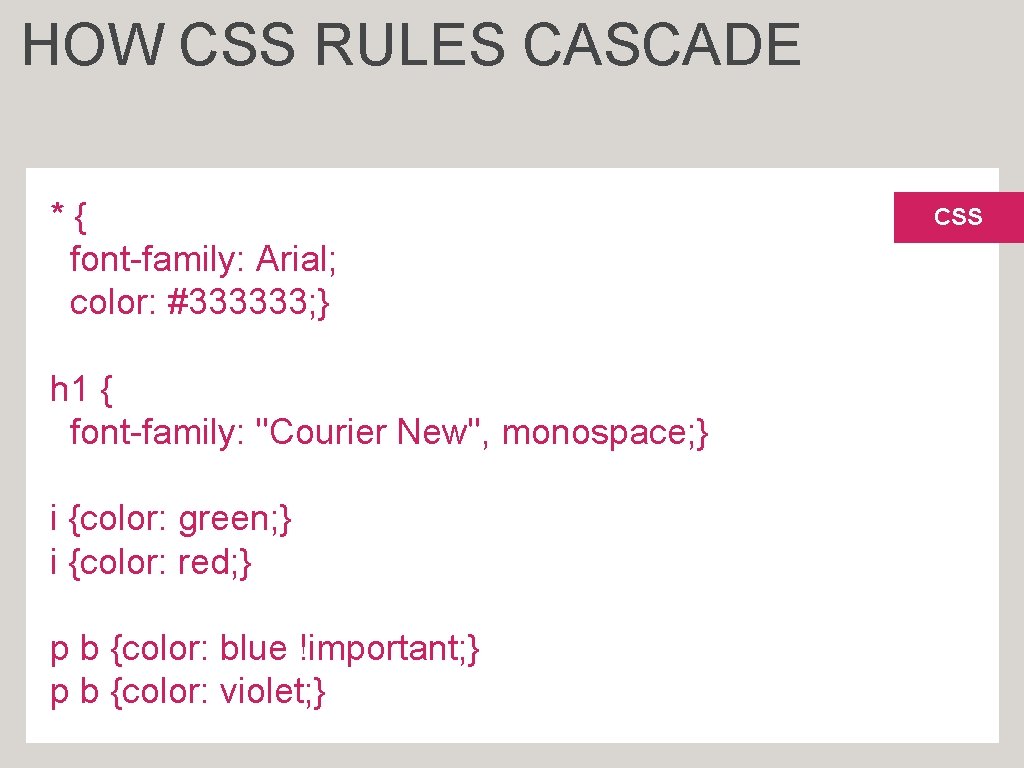 HOW CSS RULES CASCADE *{ font-family: Arial; color: #333333; } h 1 { font-family: