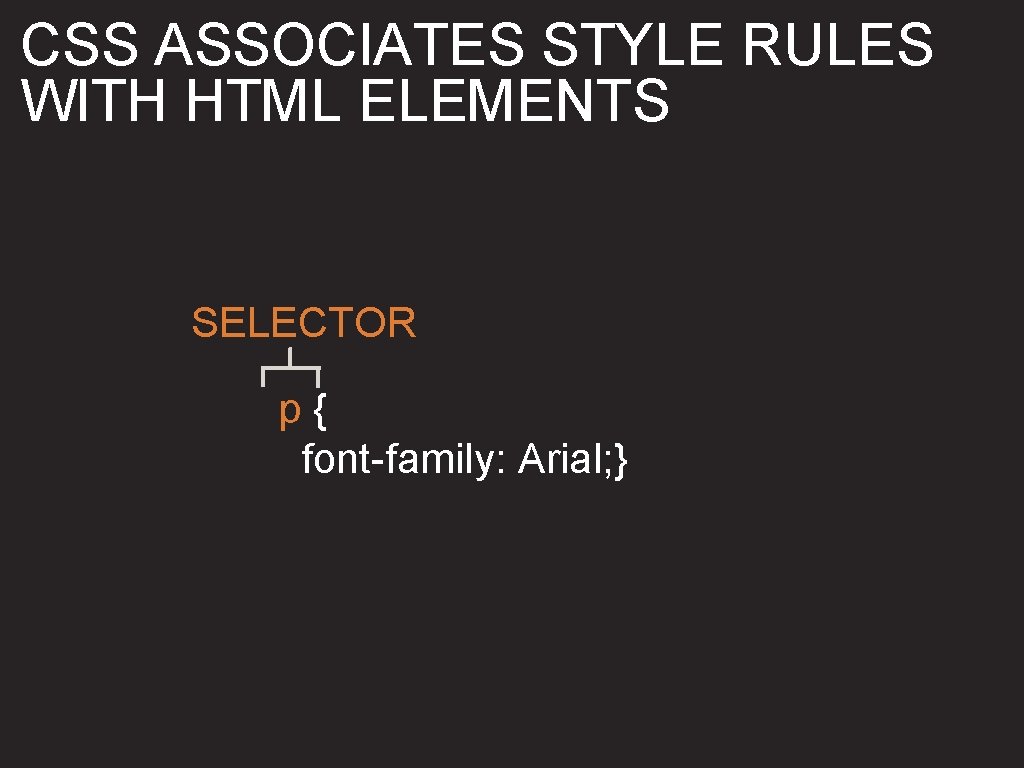 CSS ASSOCIATES STYLE RULES WITH HTML ELEMENTS SELECTOR p{ font-family: Arial; } 