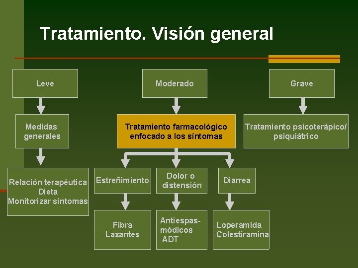 Tratamiento. Visión general Leve Medidas generales Relación terapéutica Dieta Monitorizar síntomas Moderado Grave Tratamiento