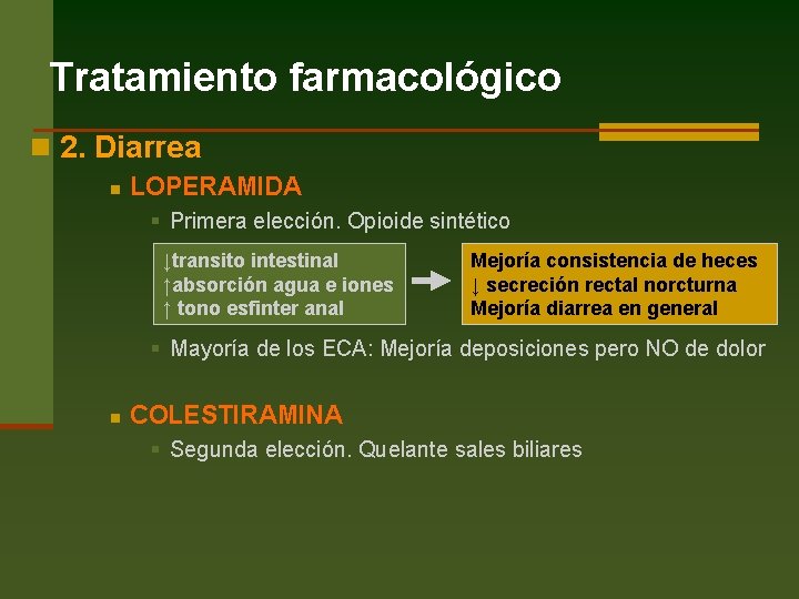 Tratamiento farmacológico n 2. Diarrea n LOPERAMIDA § Primera elección. Opioide sintético ↓transito intestinal