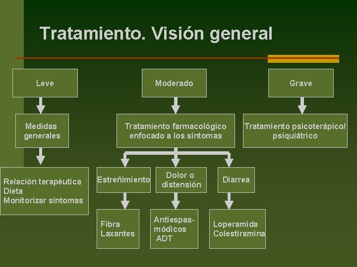 Tratamiento. Visión general Leve Medidas generales Relación terapéutica Dieta Monitorizar síntomas Moderado Grave Tratamiento