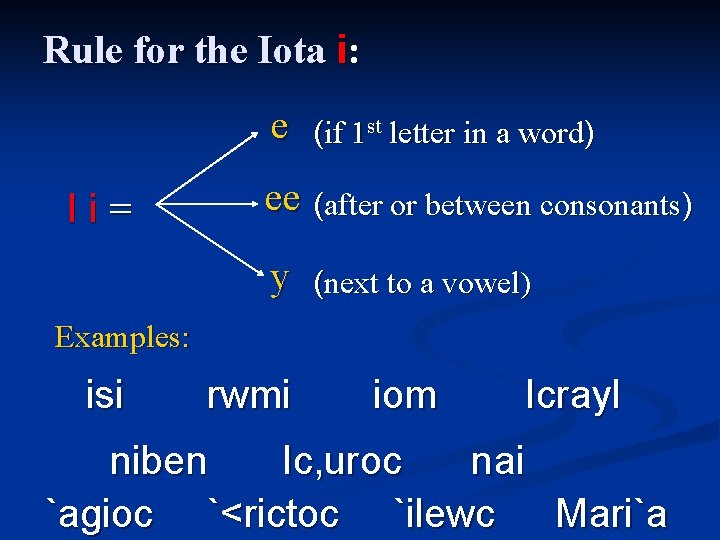 Rule for the Iota i: e Ii= (if 1 st letter in a word)