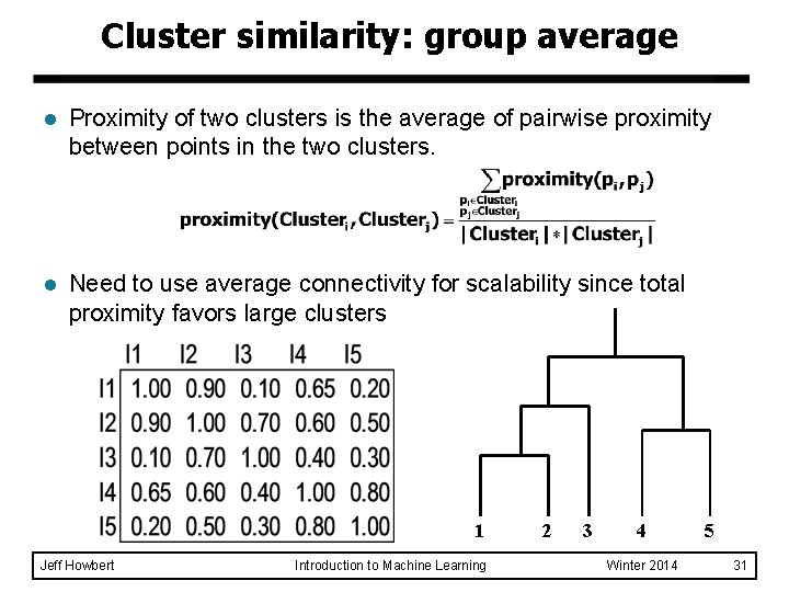Cluster similarity: group average l Proximity of two clusters is the average of pairwise Cluster similarity: group average l Proximity of two clusters is the average of pairwise