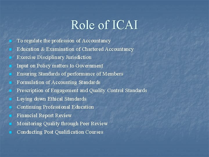 Role of ICAI n n n To regulate the profession of Accountancy Education &