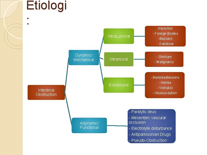 Etiologi : Impaction Intra. Luminal Dynamic/ Mechanical Intestinal Obstruction - Foreign Bodies -Bezoars -