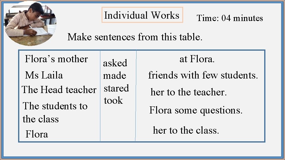Individual Works Time: 04 minutes Make sentences from this table. Flora’s mother asked Ms